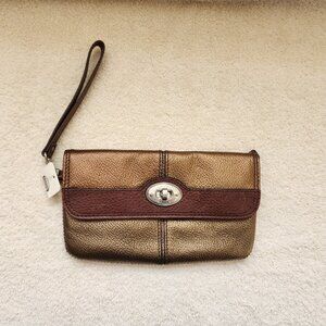 Metallic Bronze Fossil Leather 2 Tone Wristlet With Zip Pocket & Card Holder NWT